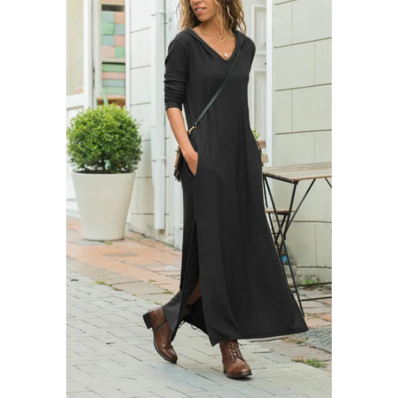 Черный Новинка; модные длинные платья с капюшоном; Повседневное Платье макси с длинными рукавами и карманами; осенняя одежда для отдыха; платья с разрезом; женские халаты; SJ1134U - Цвет: Черный