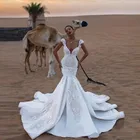 Женское длинное свадебное платье-русалка, романтическое кружевное официальное платье с аппликацией, V-образным вырезом и коротким рукавом, со шлейфом, модное платье невесты