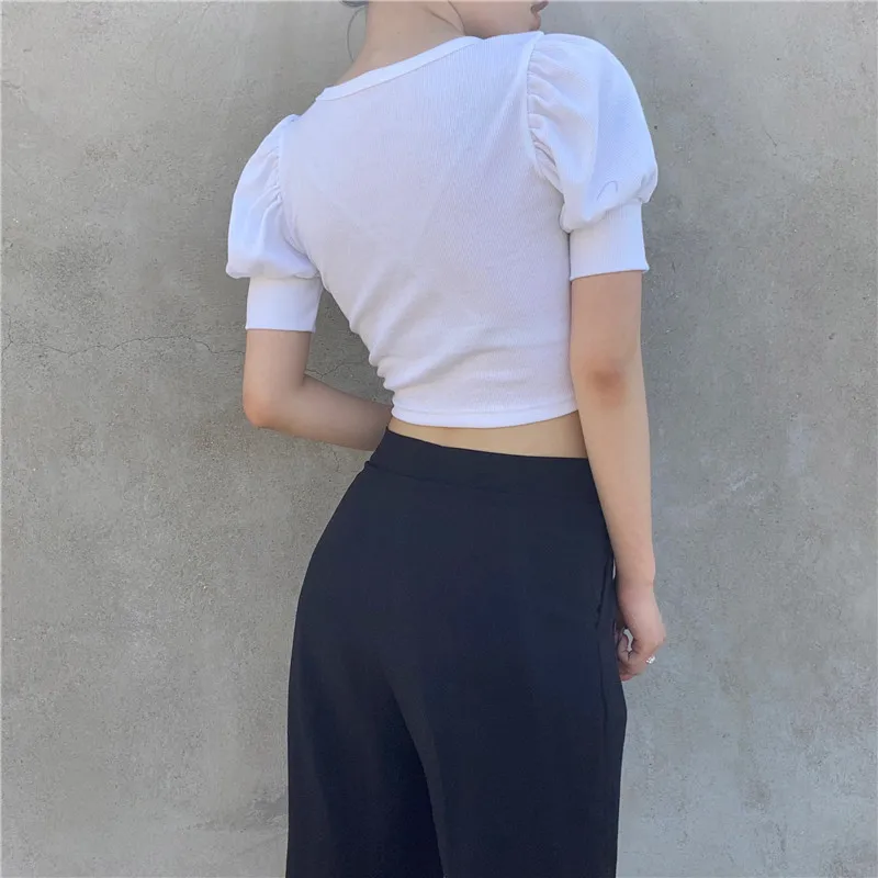 

Women Sexy Deep V Neck Solid Color Drawstring Skinny Short Puff Sleeve Crop T Shirt Blouse Top Harajuku Chic Casual Streetwear
