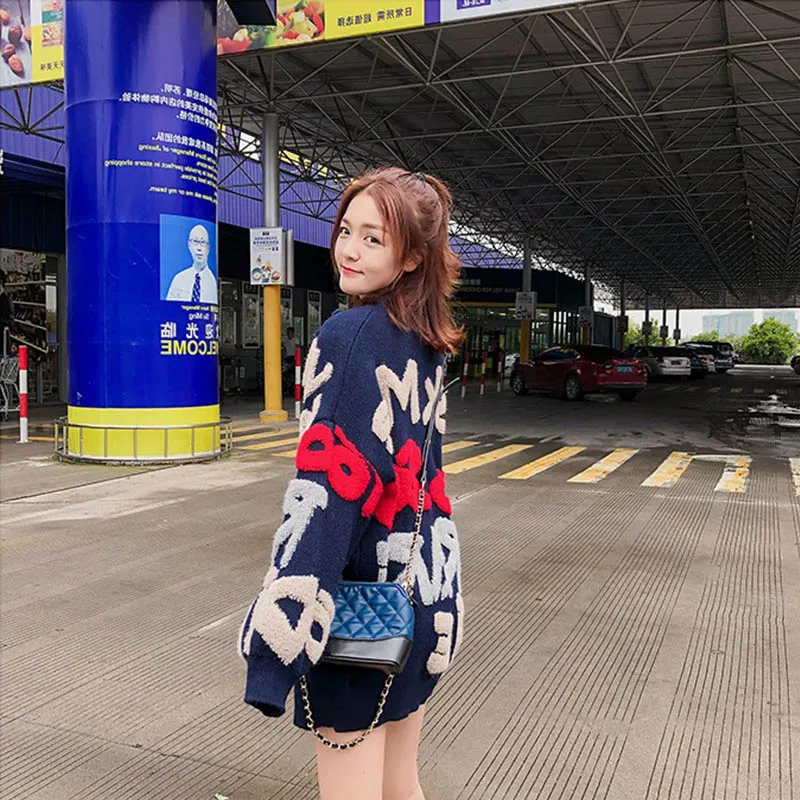 

New Fashion Elegant Loose Knit Cardigan Sweater Long Sleeve Warm Letter Print Women Casual Coats Chic Sweaters Outerwear Elastic