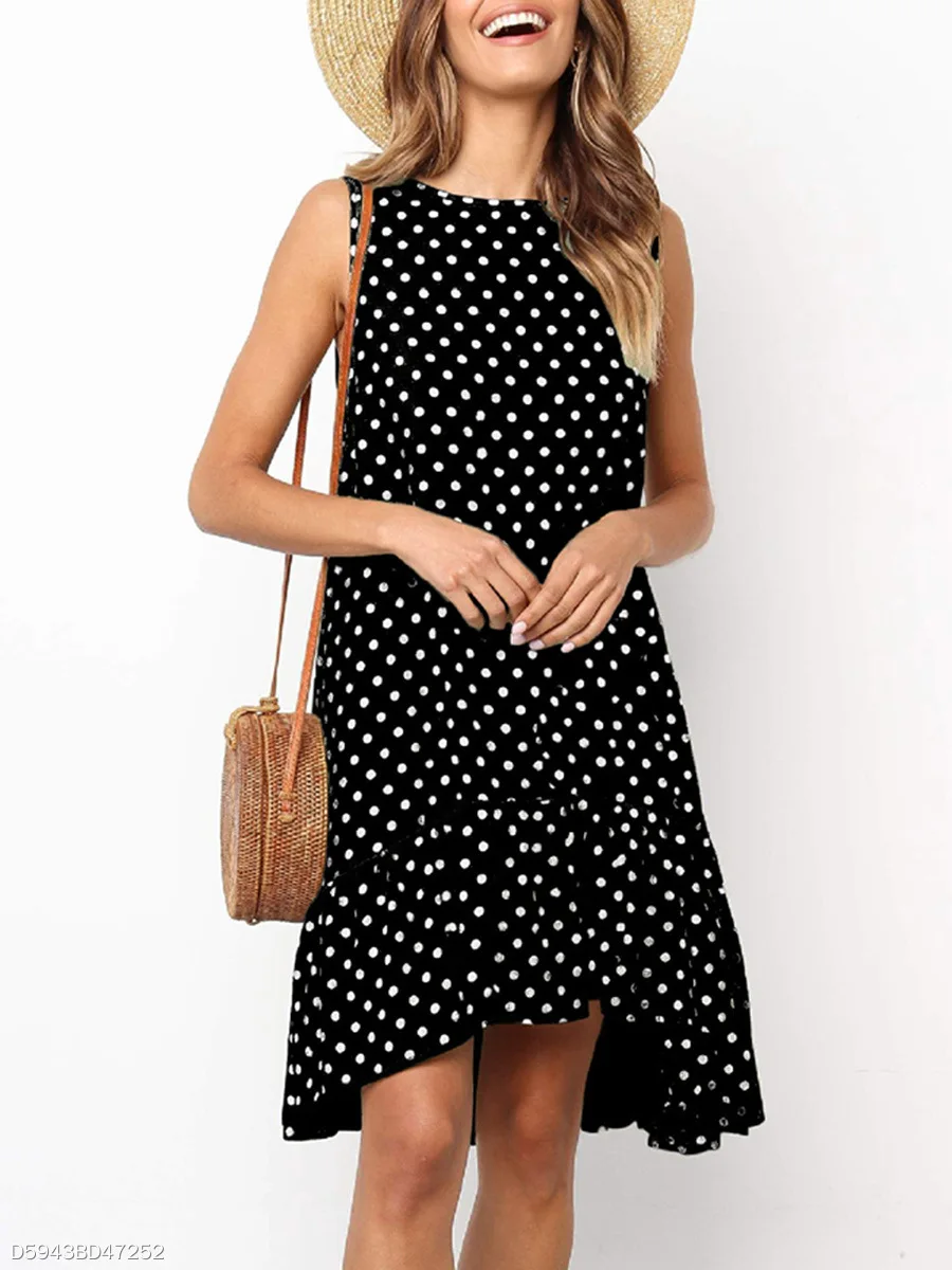 

Women's round neck sleeveless Polka Dot loose hem dress elegant Bohemian style Beach Party