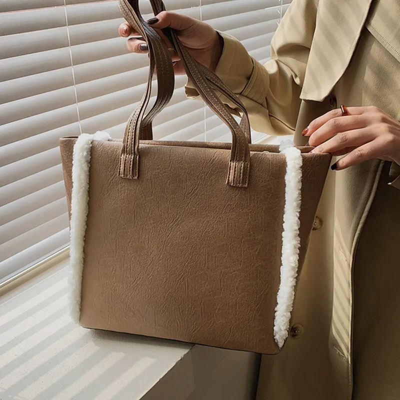 

Vintage Women's Shoulder Bags 2021 Winter Wool Female Handbag Big Leather Shopper Bag Top Handle Bag Lady Large Casual Tote Bags