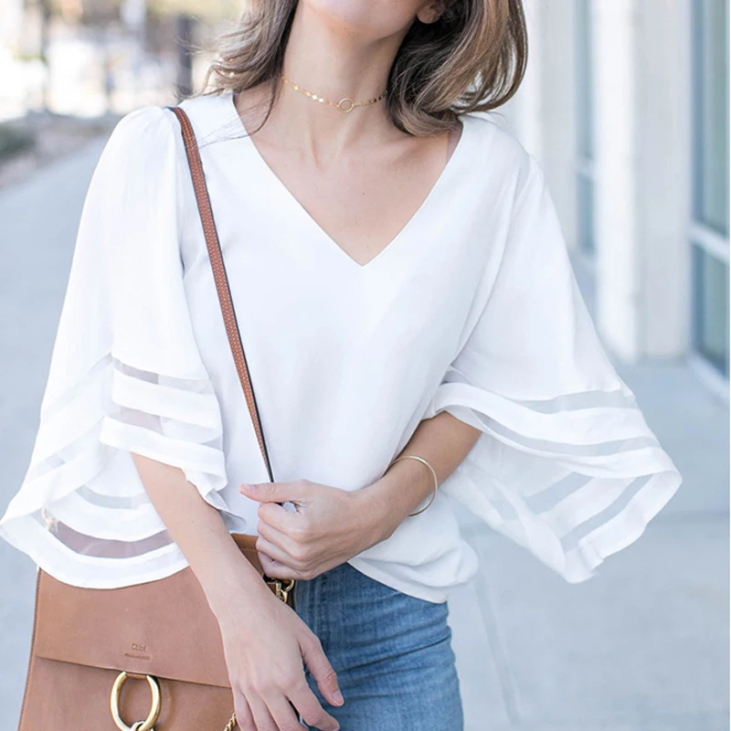 

Elegant V-Neck Chiffon Casual T-shirts Summer Loose Women See-through Flare Sleeve Patchwork Tops Plus Size Solid Colors White
