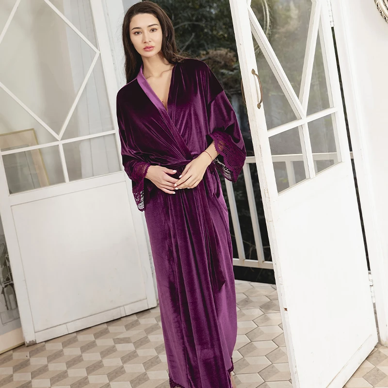 Bride Bridesmai Long Velvet Robes with Lace Robe for Women Party Soft Fuzzy  Wedding Homewear Bathrobe purple velvet robe