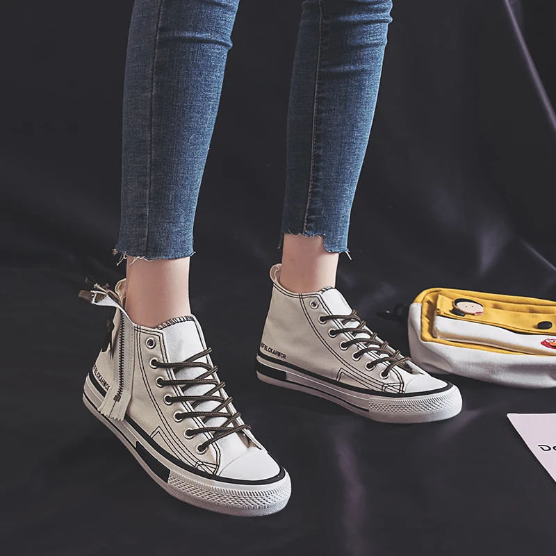

Zipper high top canvas shoes Student Korean fashion retro original ulzzang comfortable casual women's board shoes