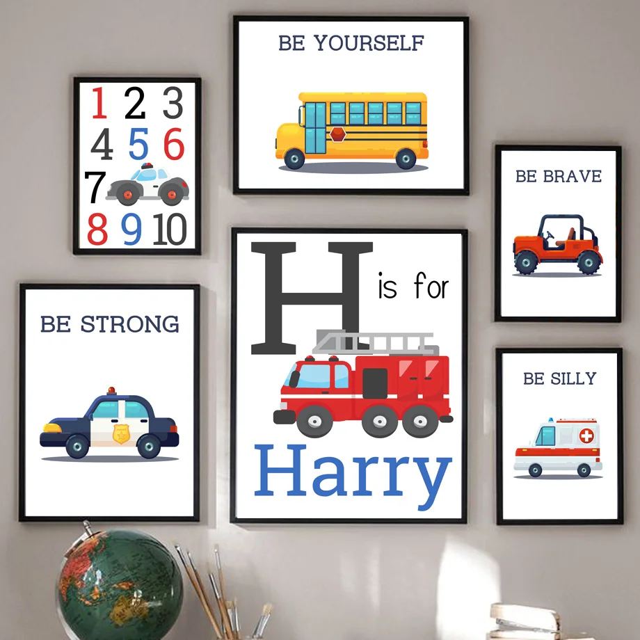 

Fire Truck Ambulance Jeep Alphabet Name Custom Wall Art Canvas Painting Nordic Posters And Prints Wall Pictures Kids Room Decor