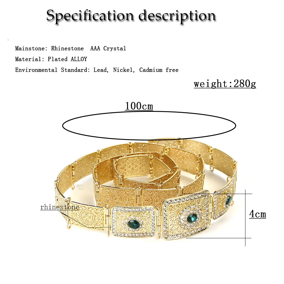 

Sunspicems Moroccan Thin Square Caftan Belt Arab Wedding Jewelry Gold Silver Color Crystal Metal Belt for Women Bride Gift