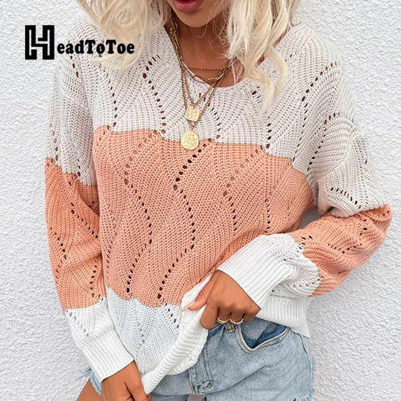 

Colorblock Hallow Out Casual Knitted Sweaters Women Long Sleeve Autumn Pullover Tops