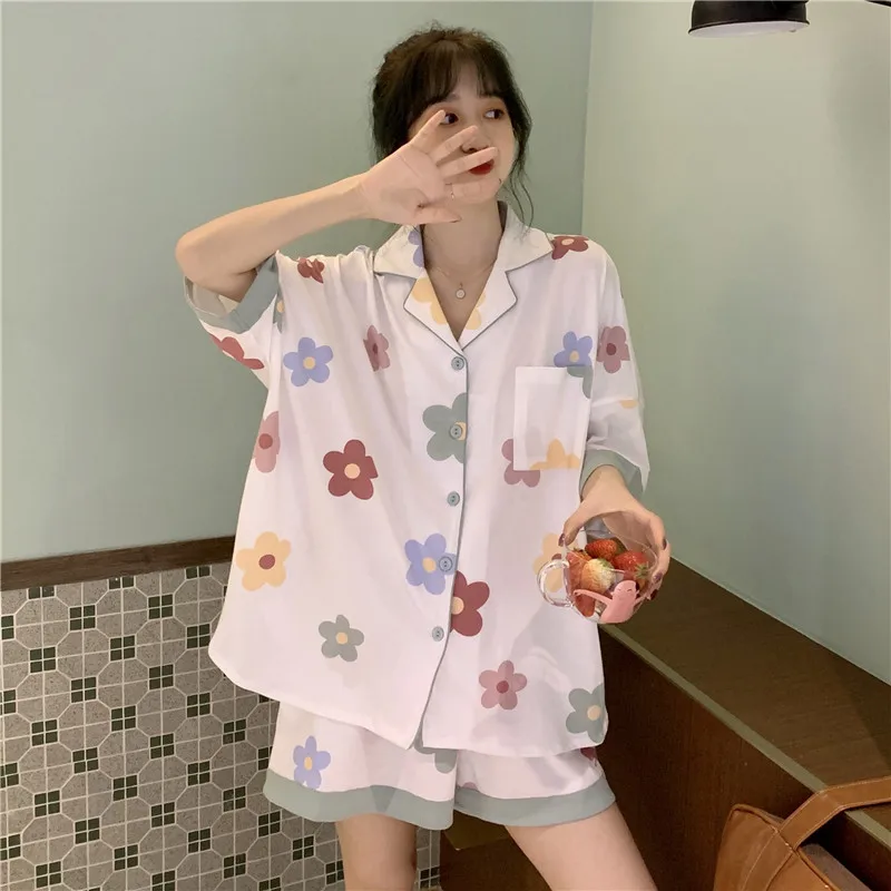 CAIYIER Sweet Nightwear Suit Summer Women Pajamas Turn-down Collar Short-sleeved Sleepwear Korean Girl Floral Print Home Wear