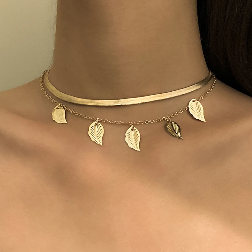 

Ingemark Vintage Multilayer Pendant Leaf Necklace for Women Colar Leaves Charm Flat Snake Chain Choker Necklaces Boho Jewelry