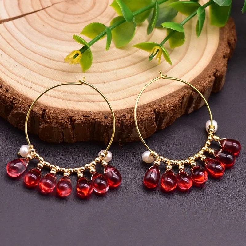 

Натуральный красный кристалл серьги-кольца для женщин и девочек вечерние в богемном стиле подарки на день рождения с пресноводным жемчугом...