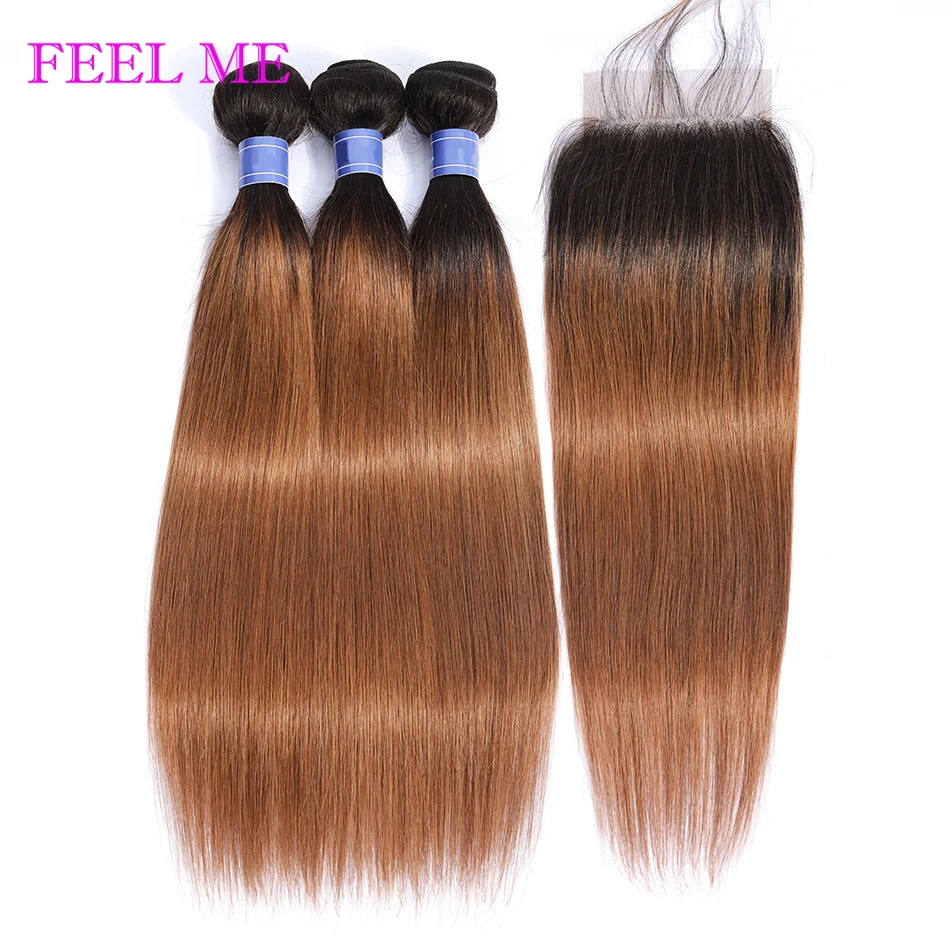 FEEL ME Hair Ombre перуанские прямые человеческие волосы в пучках с застежкой 1B/30 медово