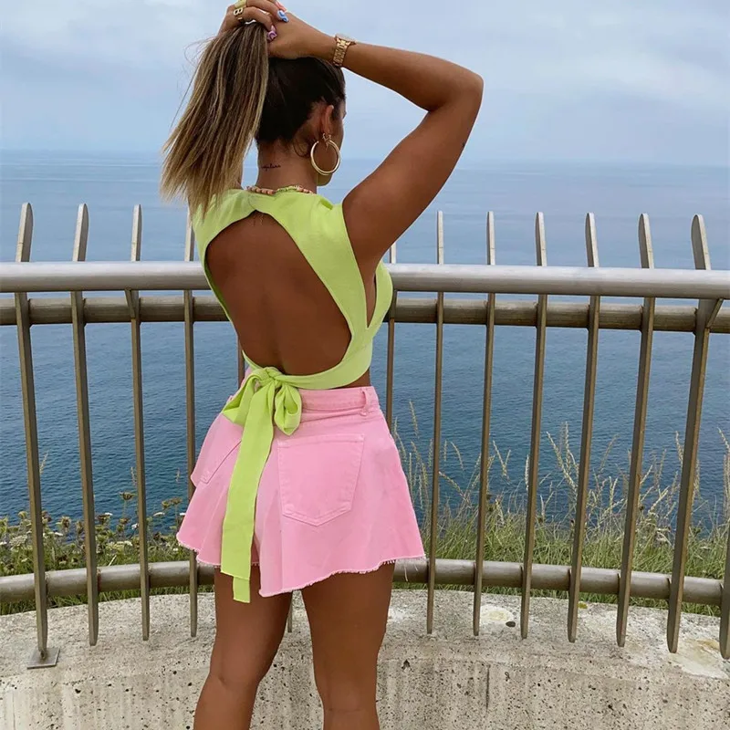 Женский элегантный зеленый Трикотажный жилет с открытой спиной лето 2021 Милые