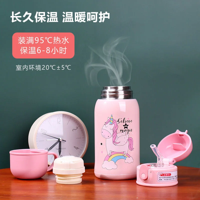 Termo de unicornio de acero inoxidable para ni&ntilde;os, taza de agua encantadora de gran capacidad para estudiantes, con cubierta de taza de felpa de paja-5