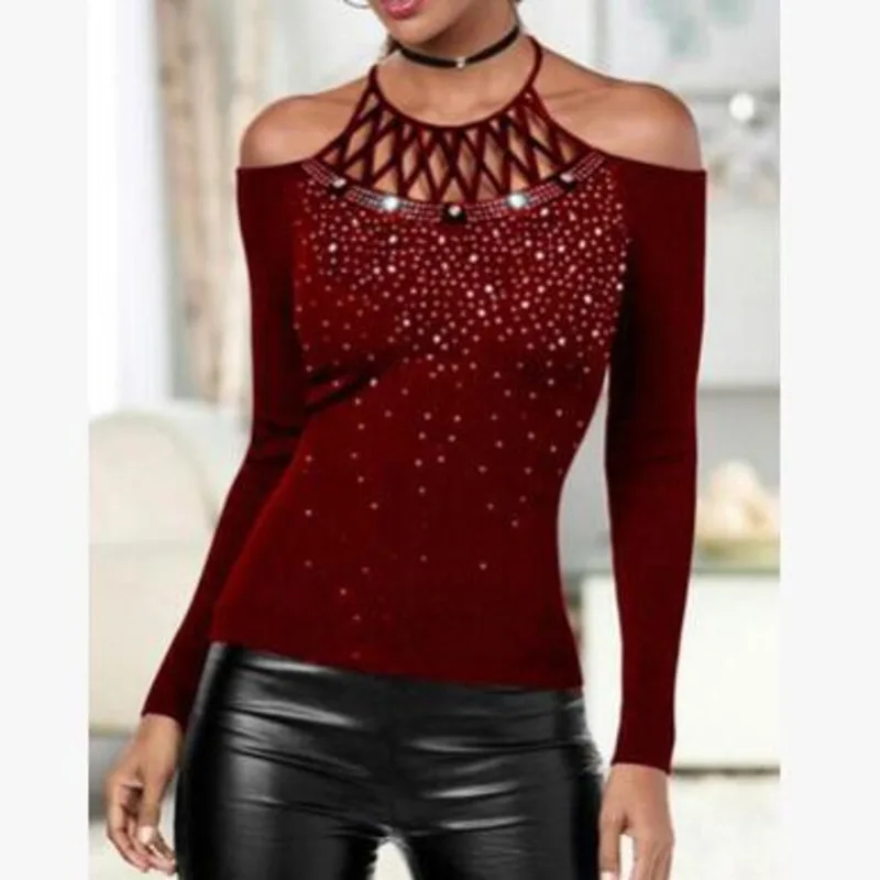 

XUXI Women Large High Collar T-shirt, Off Shoulder Long Sleeve T-shirt, Sexy Clothing, 2021 Solid Color Fashion T-shirt, E431