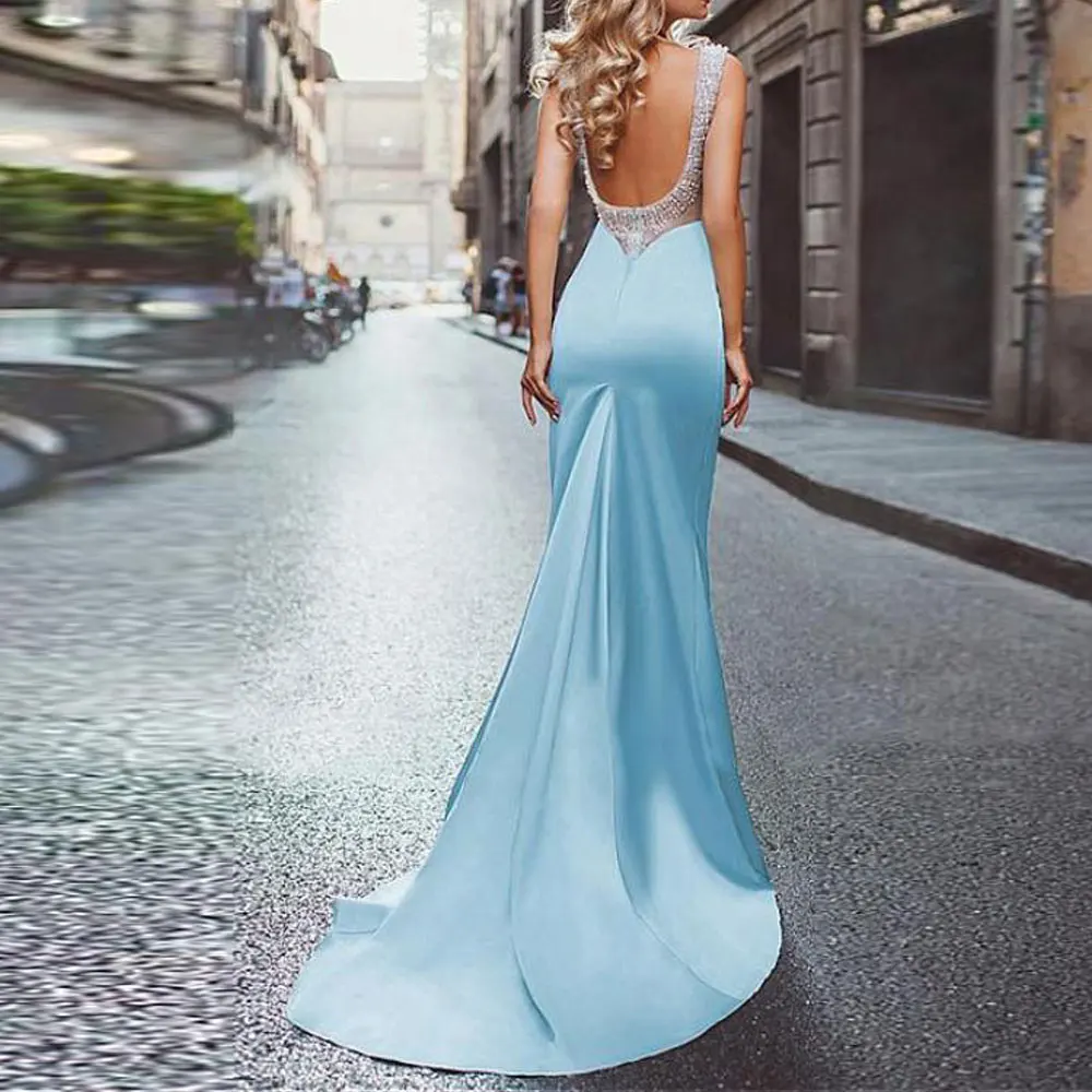 

Light Sky Blue Party Gowns Square Mermaid / Trumpet Sweep/Brush Evening Dresses Beading Sleeveless Open back Party Dresses 2021