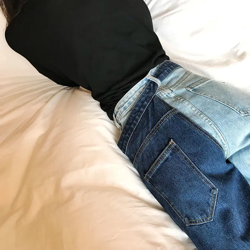 

High Waist Wide Leg Pants Patchwork Long Pants for Women Straight Trousers Fake Two Jeans Female Denim Pants Ladies Trousers