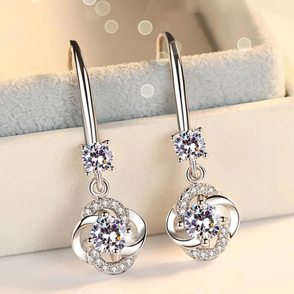 

Women Rhinestone Cubic Zirconia Tassel Four-leaf Clover Hook Earrings Jewelry