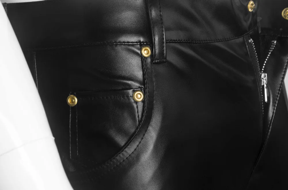 Тонкий Для мужчин кожаные брюки мужские обтягивающие мотоботы в стиле панк Штаны