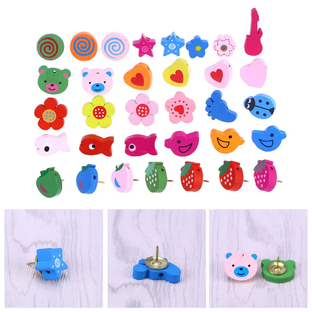 

30pcs Wood Push Pin Lovely Cartoon Thumbtacks Decorative Thumb Tack for Home and Office(Assorted Color)
