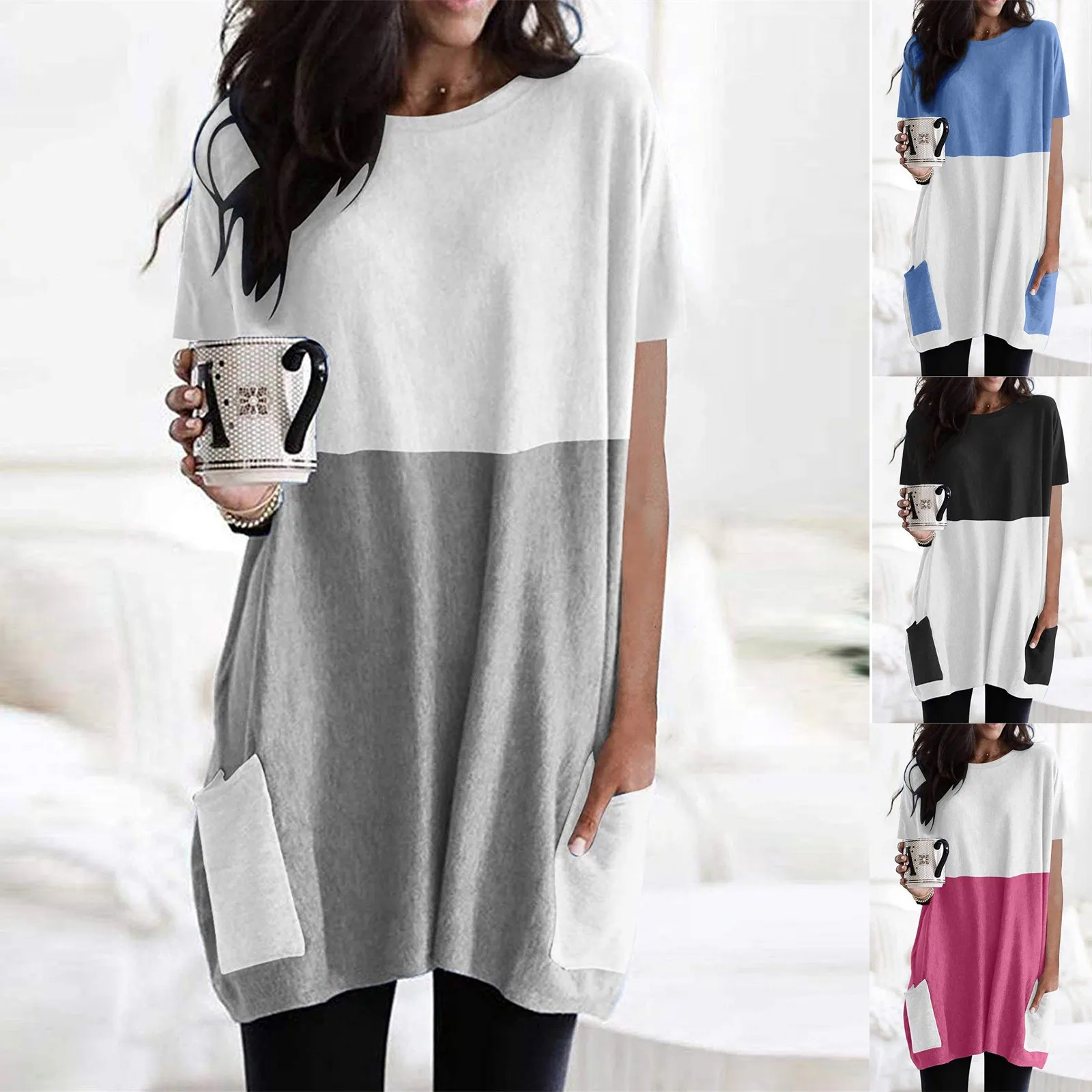 

Women's home outing casual solid color stitching pocket loose top Fashion Womens Splicing Solid Colors Round-Neck Pockets Casual