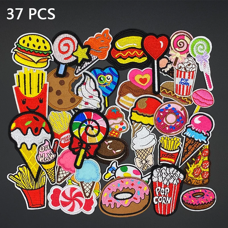 37pcs/lot Cake Ice Cream patches Embroidered Iron On Cartoon Sweet Food Appliques DIY Fashion Clothes Bags Jeans Stickers Badge