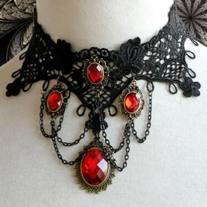 Victorian Gothic Halloween Red Rhinestone Charms Vampire Maxi Necklace Choker Fashion  Cocktail Evening Party Dress Jewelry