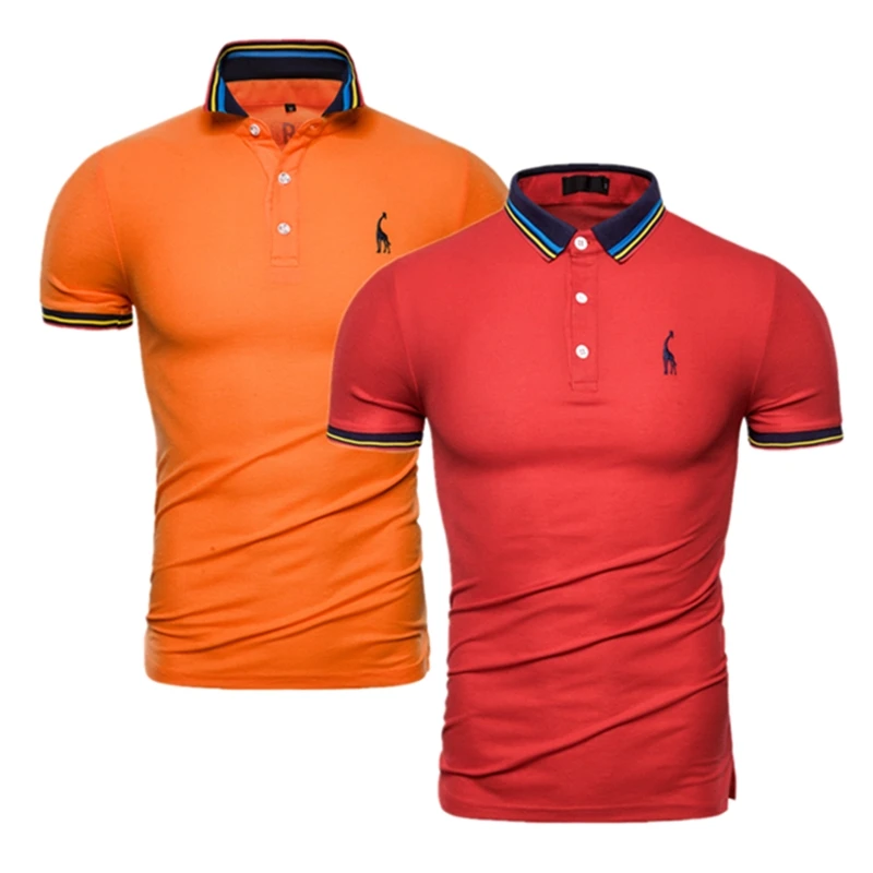 red-orange Фирменное Качество, 2 шт./лот, Мужская однотонная приталенная рубашка поло с вышитым оленем, Мужская Повседневная деловая рубашка поло, мужские топы с жирафом - Цвет: red-orange