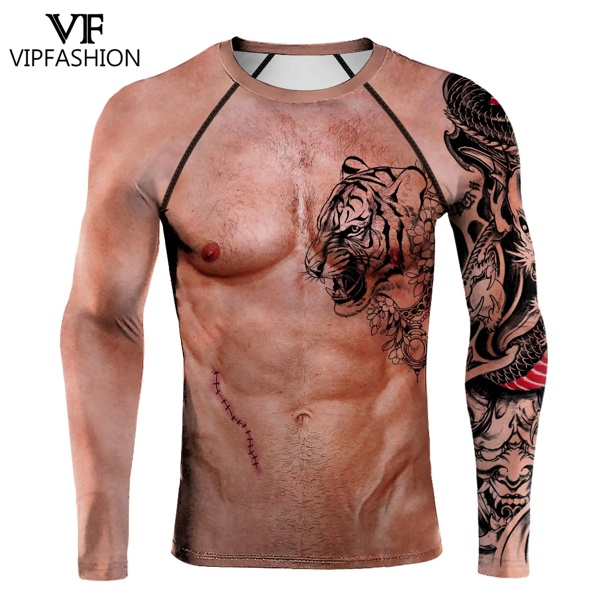 

VIP FASHION Funny Chest Muscle Gym Clothing Fitness T-shirt Men Compression Skinny Bodybuilding Long Sleeve Sports Workout Tee