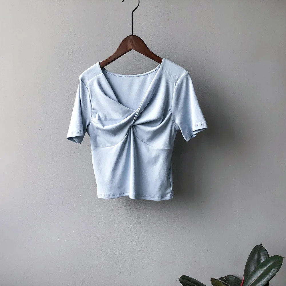 

Women Summer Shirt New Korean Female V-neck Short-sleeved T Shirt Female Design Sense Of Pure Color Folds Slim Slim Top