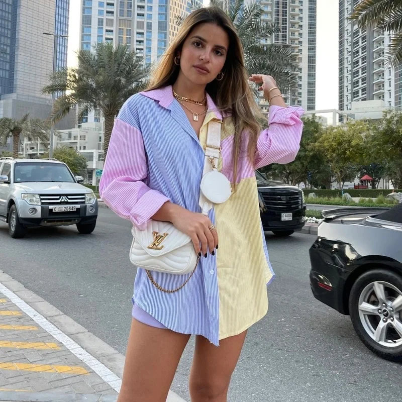

Pinstripe Color Matching Contrast Color Loose Boyfriend Wind Front Short Back Long Shirt Long Sleeve 2021 Summer New Hot Style