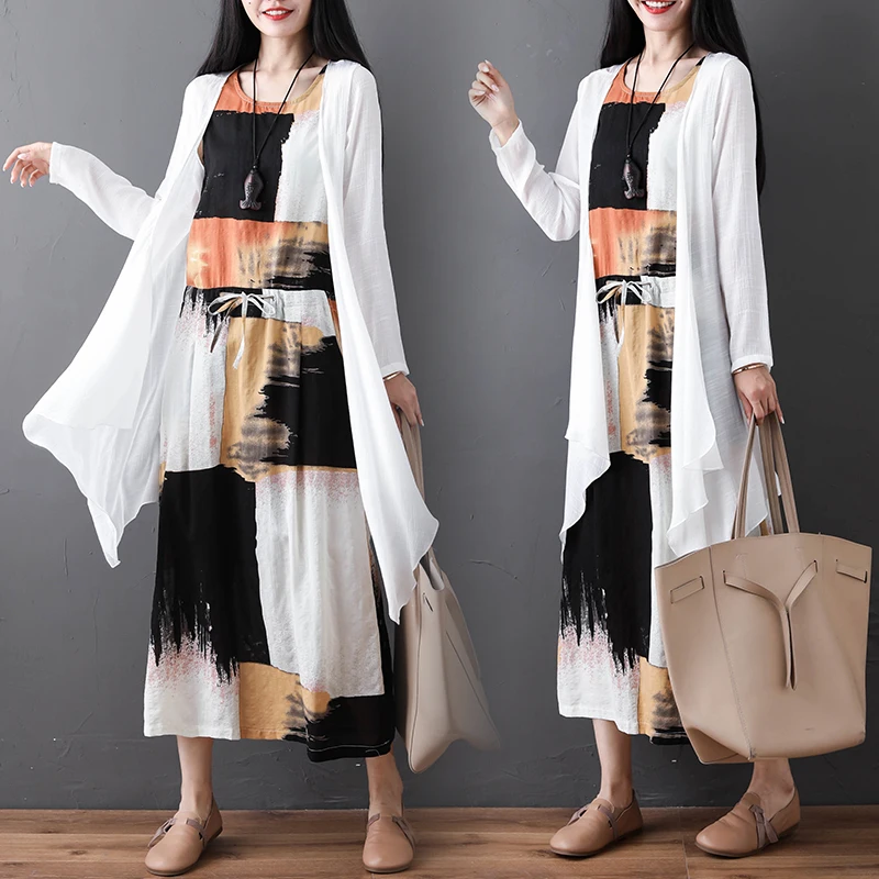 Костюм из двух предметов винтажное платье хлопка и льна Осенний женский белый