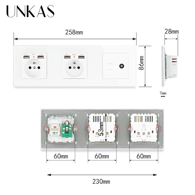 Двойная французская стандартная розетка со стеклянной панелью UNKAS с 4 USB портами