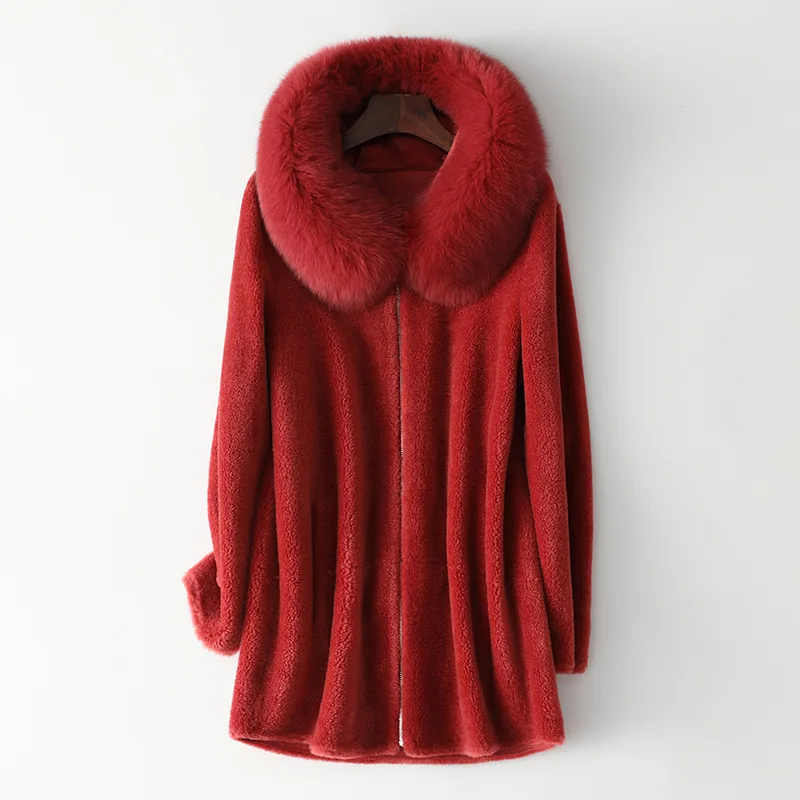 Real Fur Fox Collar Hood Sheep Sheared Mid Length Women Coat Wool Grain Outwear Autumn and Winter Elegant Warm Red Jacket