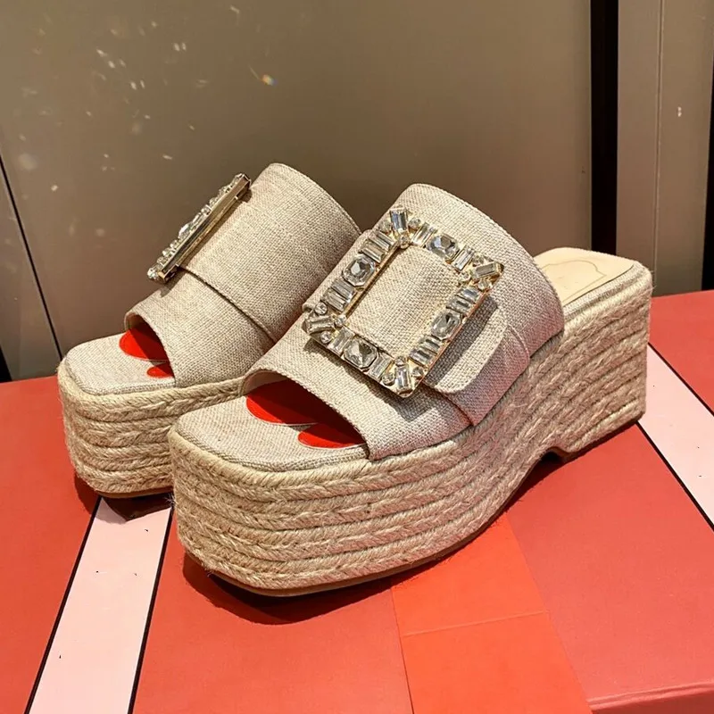 

Square Buckle Rhinestone Woven Wedge Heel Slippers Women Summer New Style Thick-soled Waterproof Platform Slippers and Sandals