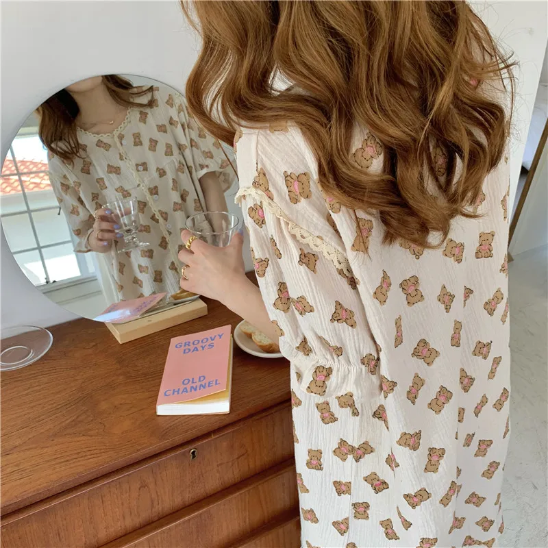 

women kawaii cartoon bear nightgowns lacework single breasted dress homewear short sleeve summer cotton short nightdress Y928