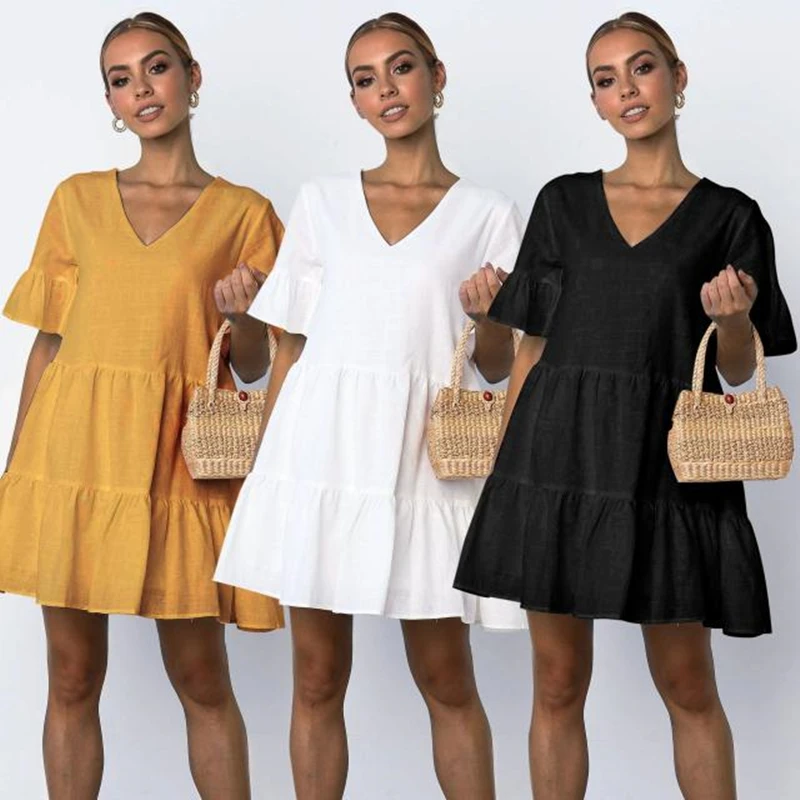 

2021 Spring New Fashion Loose V-neck Short Sleeve Pleated Dress