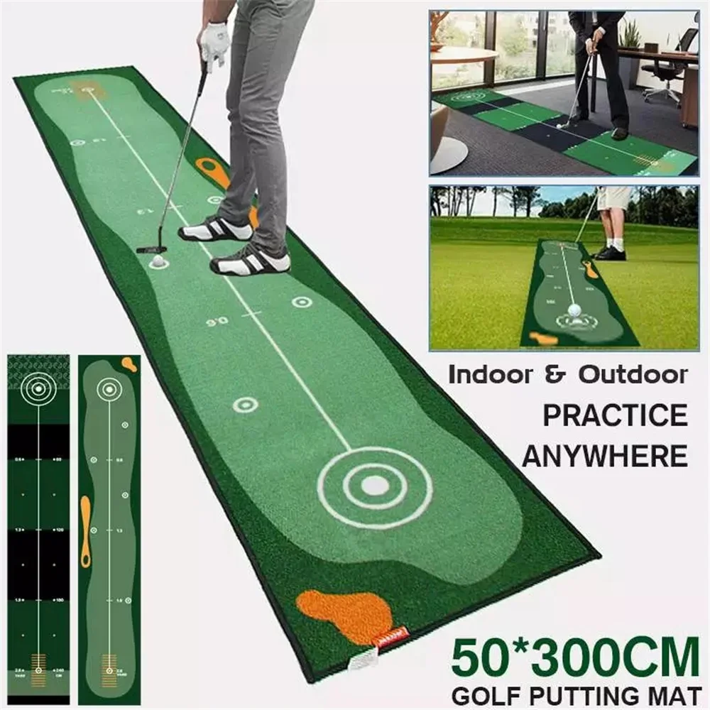 

Indoor Golf Hitting Mat 300*50cm Putting Trainer Golf Practice Pad Golf Putter Green Fairway Trainer Aiming Line Tee Slot