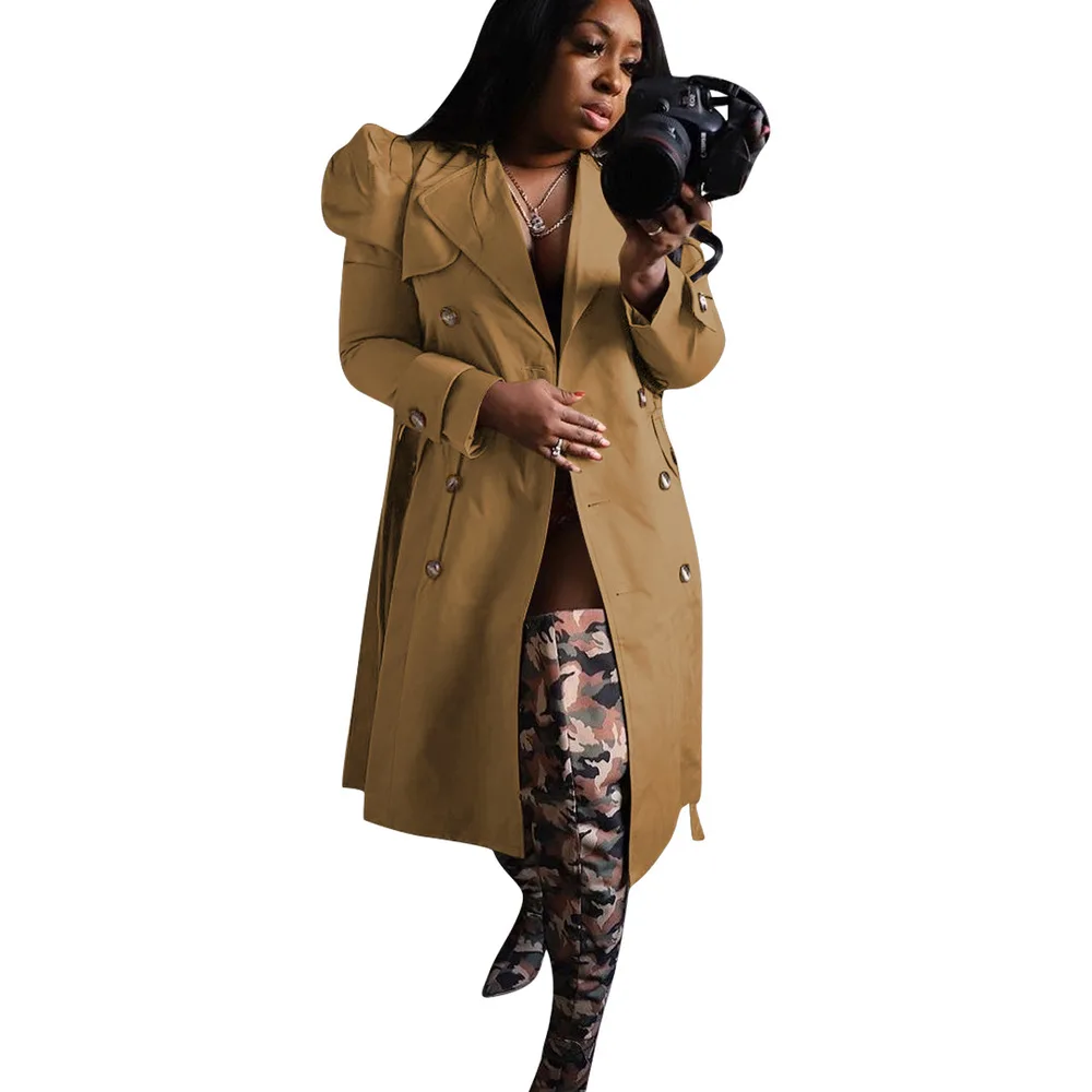 

2021 New Trendy Casual Solid Color Double Breasted Windbreaker Fashion Chic Design Slim Fit Long Trench Coat Office Lady Jacket
