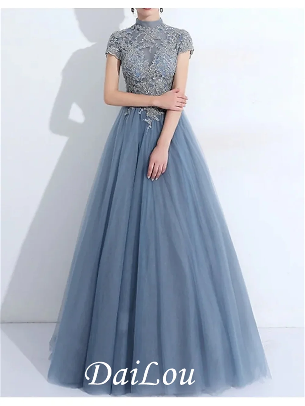 

A-Line Elegant Vintage Quinceanera Prom Dress High Neck Short Sleeve Floor Length Tulle with Pleats Appliques