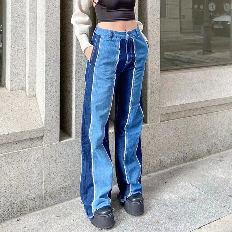 

2021 Fashion Wide Leg Straight Jeans Women Ladies Chic Wild High Waist Color Block Patchwork Hip Hop Denim Pants Trousers