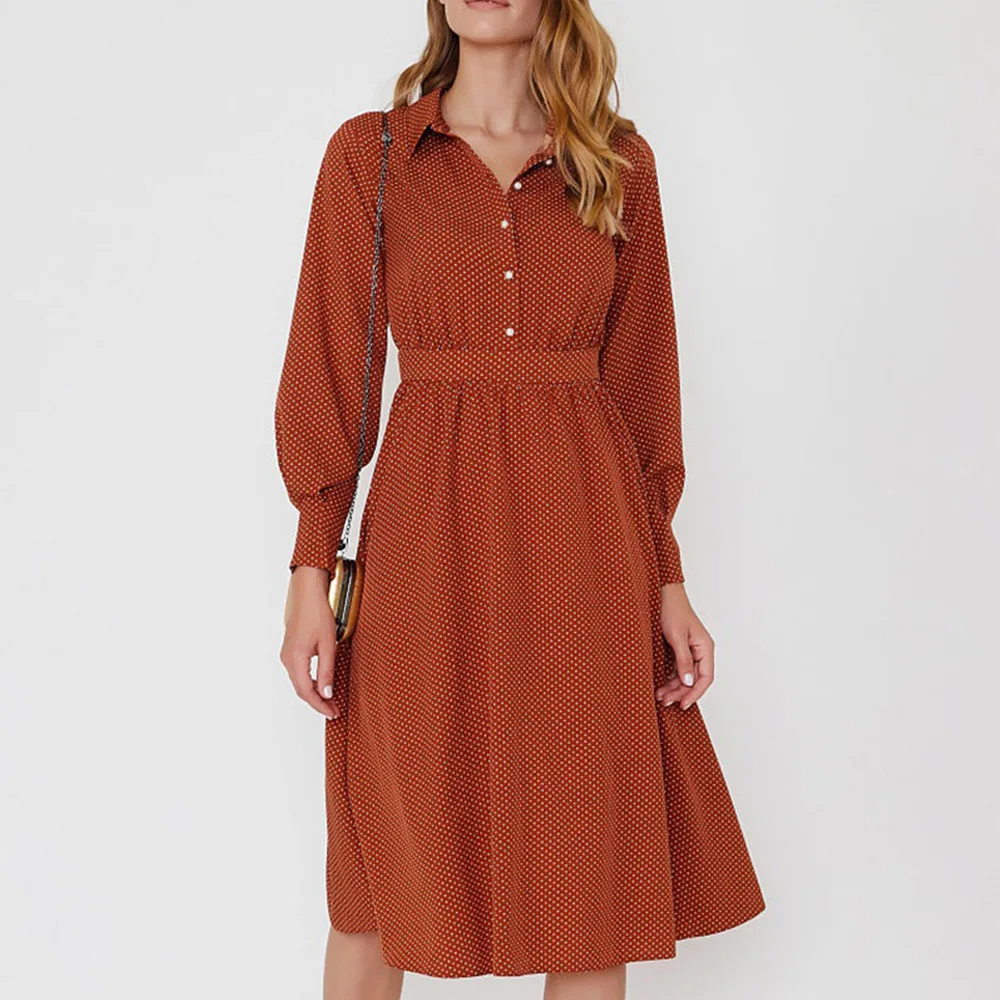 

Polka Dot Dress Women Autumn Vintage Single Button Turn Down Collar Slim A Line Party Dress Long Sleeve Female Midi Dress