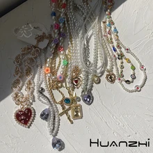 HUANZHI Vintage Sweet Choker Weave Pearls Choker Red Heart Colorful Beaded Irregular Flowers Rhinestone Necklace for Women