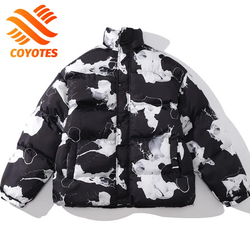 COYOTES Fashion Winter Jacket Men Harajuku Milk Pattern Thick Parka Coats Stand Collar Warm Down Jacket Unisex Loose Bubble Coat