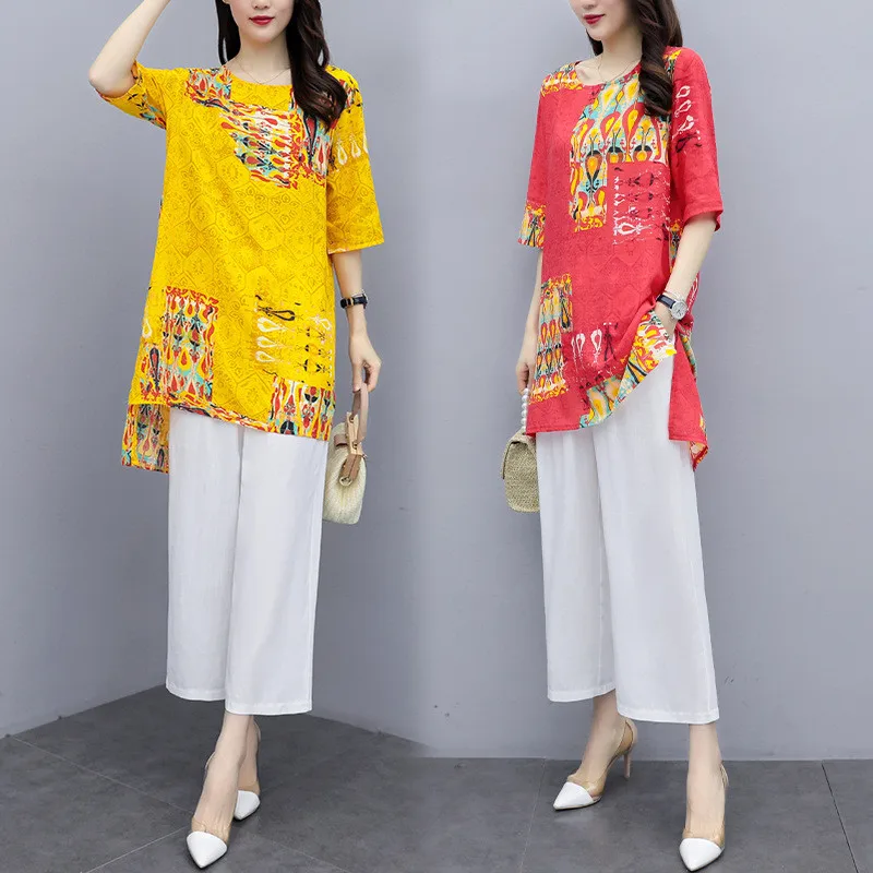 

sets for women summer 2020 New Fashion Casual Two-piece Set Female short sleeve top wide leg pants suit Cotton and linen spring