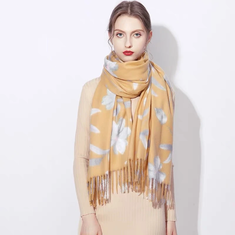 Модные кашемировые женские шарфы с цветочным принтом и кисточками из пашмины