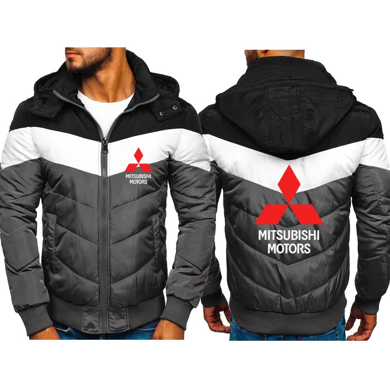 

Men's hooded padded jacket 2021Winter Mitsubishi car logo print Men's contrast jacket Removable hat fashion casual men's jacket
