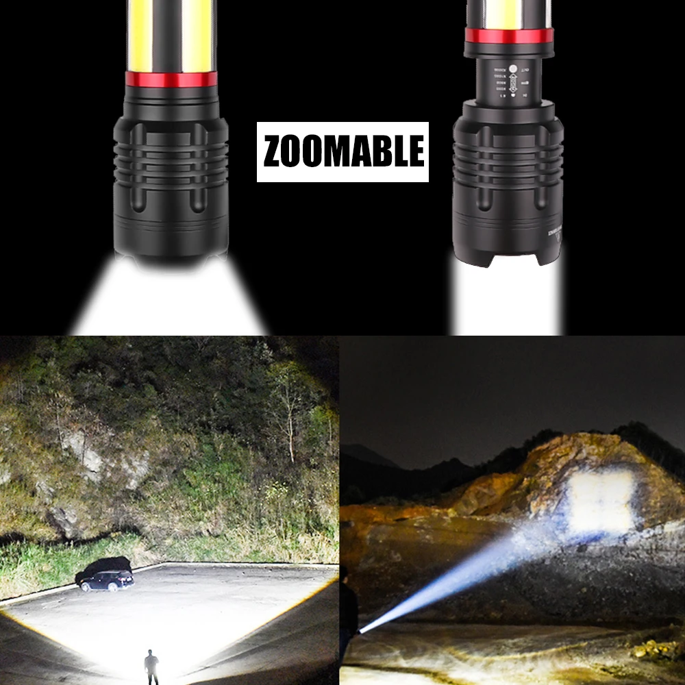 

Multifunction LED Flashlight XHP70.2+COB Super Bright Tactical Torch Waterproof Zoom Camping Light Built-in 5000mAh Battery