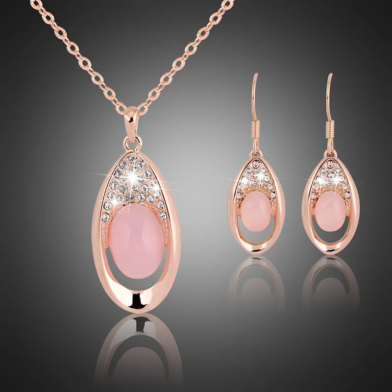 

1set Fashion Opal Jewelry Sets For Woman Cubic Zirconia Water Drop Necklace Pendant Earrings Set Bridal Wedding Gift