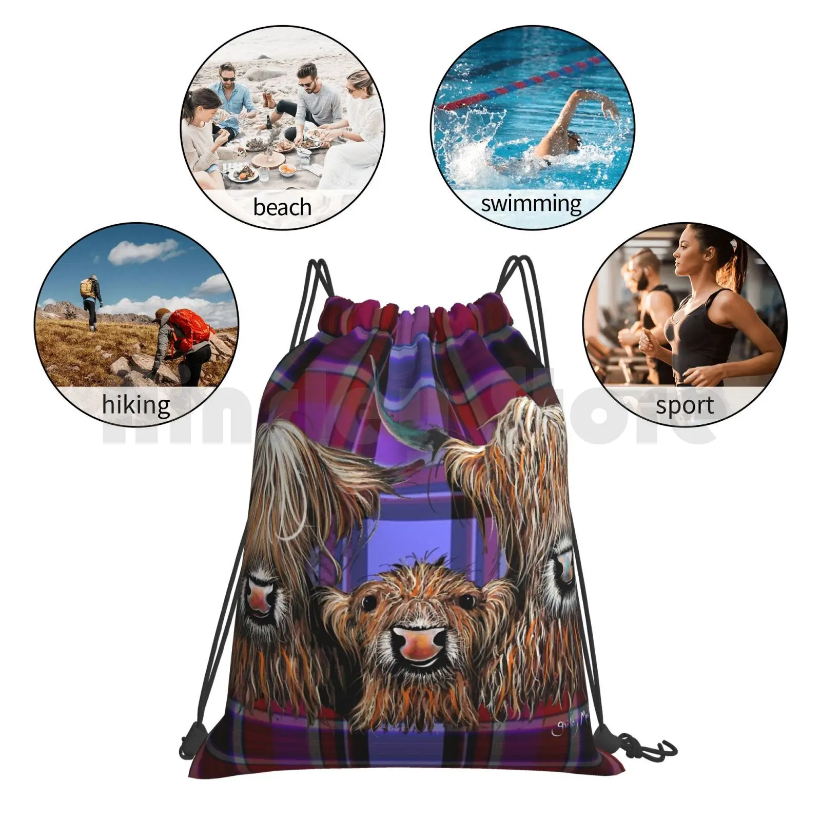 

Scottish Highland Cow ' Tartan We 3 Coos P ' By Shirley Macarthur Backpack Drawstring Bags Gym Bag Waterproof Cow Clan